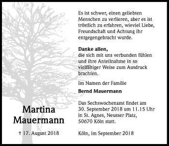Anzeige von Martina Mauermann von Kölner Stadt-Anzeiger / Kölnische Rundschau / Express
