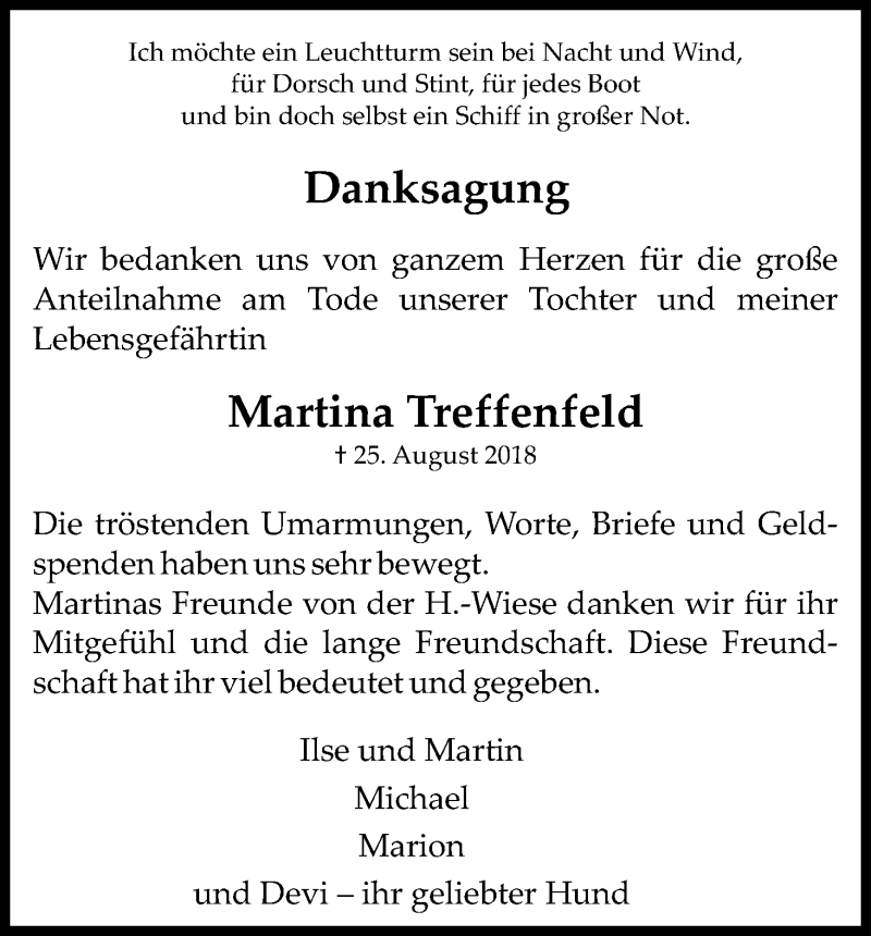  Traueranzeige für Martina Treffenfeld vom 22.09.2018 aus Kölner Stadt-Anzeiger / Kölnische Rundschau / Express