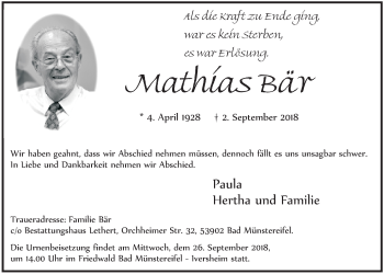 Anzeige von Mathias Bär von  Sonntags-Post 