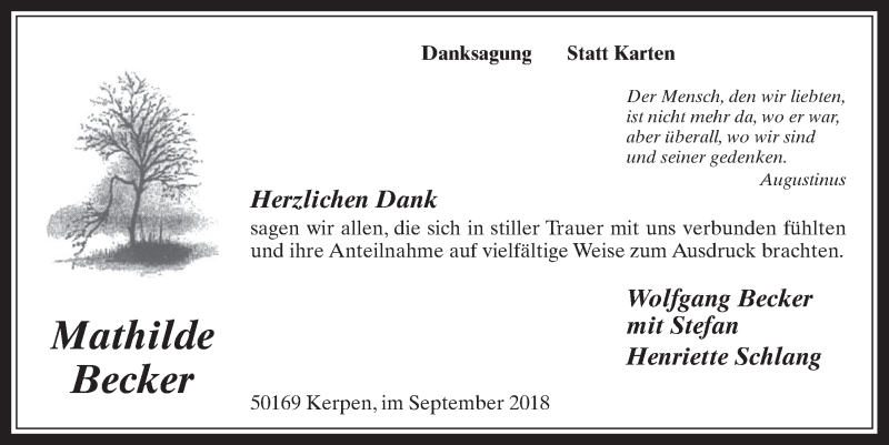  Traueranzeige für Mathilde Becker vom 26.09.2018 aus  Werbepost 