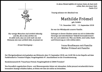 Anzeige von Mathilde Frömel von Kölner Stadt-Anzeiger / Kölnische Rundschau / Express