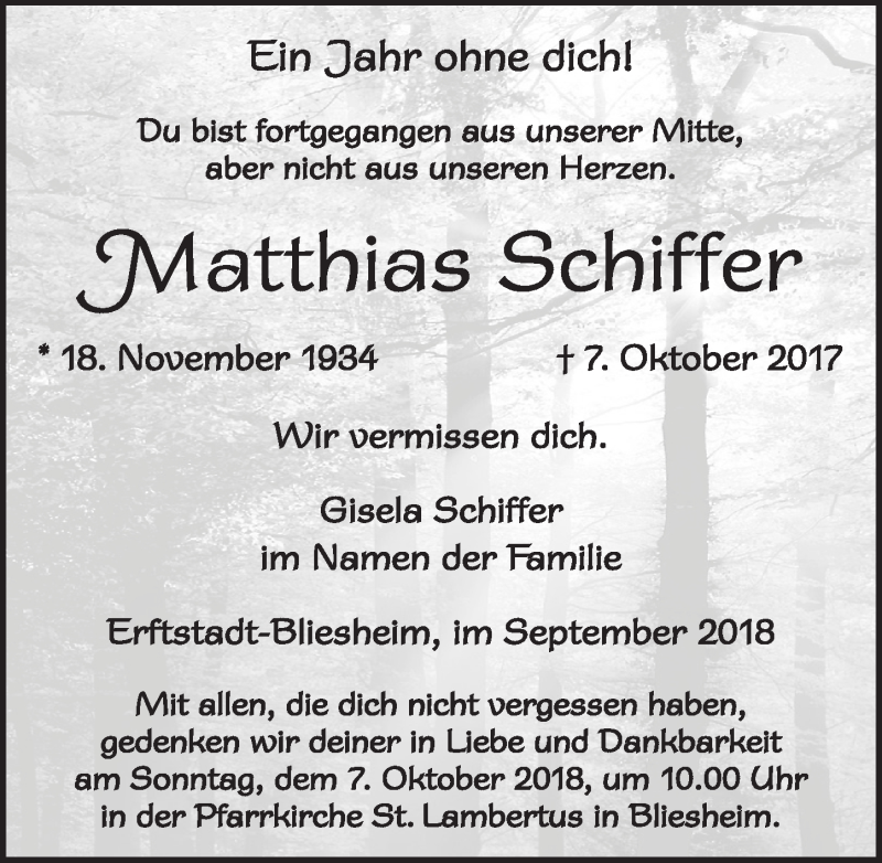  Traueranzeige für Matthias Schiffer vom 26.09.2018 aus  Werbepost 
