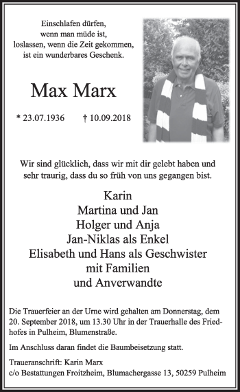 Anzeige von Max Marx von  Sonntags-Post 