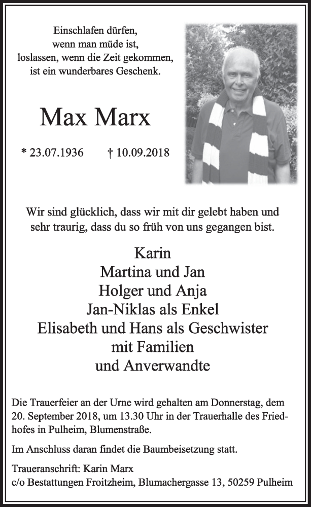  Traueranzeige für Max Marx vom 15.09.2018 aus  Sonntags-Post 