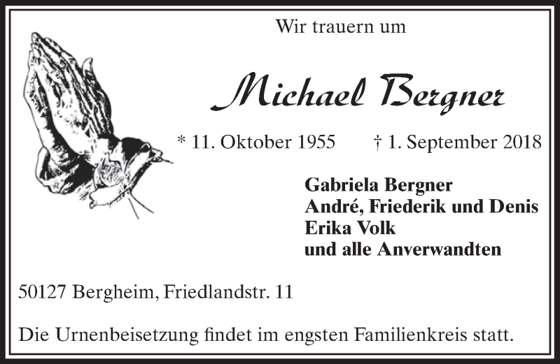  Traueranzeige für Michael Bergner vom 08.09.2018 aus  Sonntags-Post 