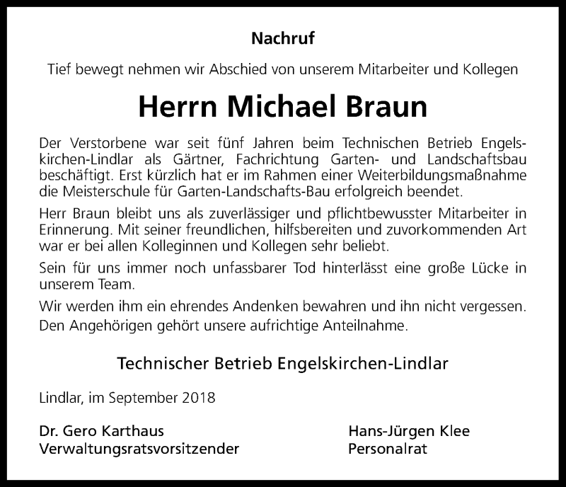  Traueranzeige für Michael Braun vom 20.09.2018 aus Kölner Stadt-Anzeiger / Kölnische Rundschau / Express