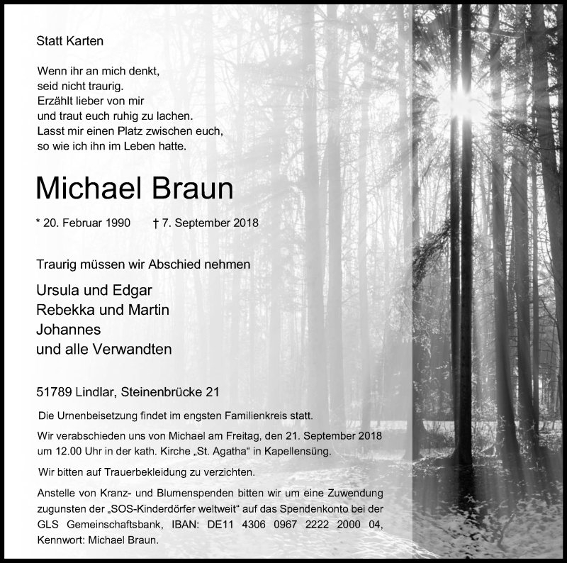  Traueranzeige für Michael Braun vom 18.09.2018 aus Kölner Stadt-Anzeiger / Kölnische Rundschau / Express