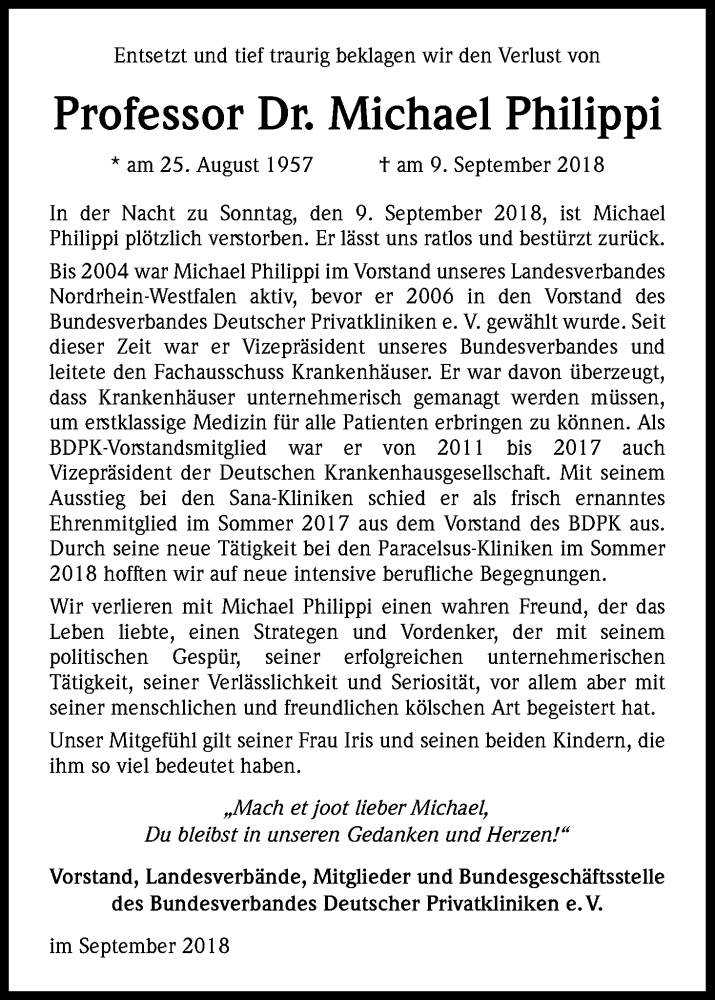  Traueranzeige für Michael Philippi vom 18.09.2018 aus Kölner Stadt-Anzeiger / Kölnische Rundschau / Express