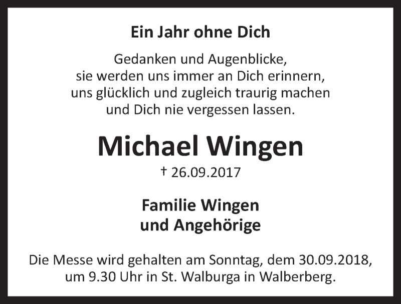  Traueranzeige für Michael Wingen vom 26.09.2018 aus  Schlossbote/Werbekurier 
