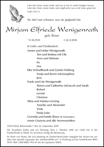 Anzeige von Mirjam Elfriede Wenigenrath von Kölner Stadt-Anzeiger / Kölnische Rundschau / Express