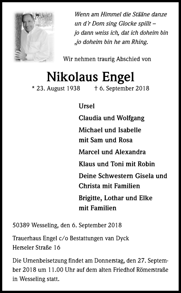  Traueranzeige für Nikolaus Engel vom 22.09.2018 aus Kölner Stadt-Anzeiger / Kölnische Rundschau / Express