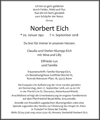 Anzeige von Norbert Eich von  Rhein-Sieg-Wochenende 