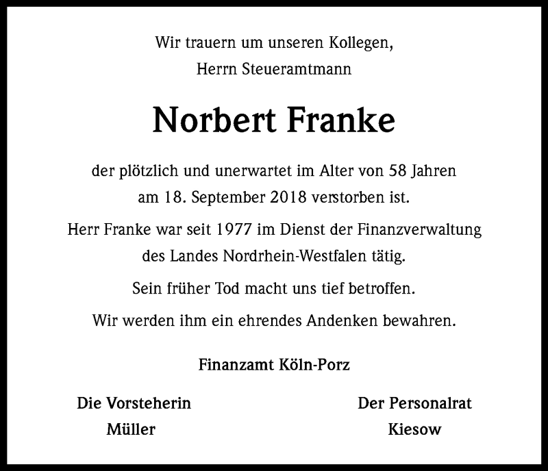  Traueranzeige für Norbert Franke vom 26.09.2018 aus Kölner Stadt-Anzeiger / Kölnische Rundschau / Express