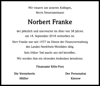 Anzeige von Norbert Franke von Kölner Stadt-Anzeiger / Kölnische Rundschau / Express