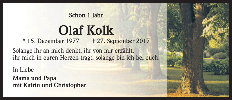  Traueranzeige für Olaf Kolk vom 27.09.2018 aus Kölner Stadt-Anzeiger / Kölnische Rundschau / Express