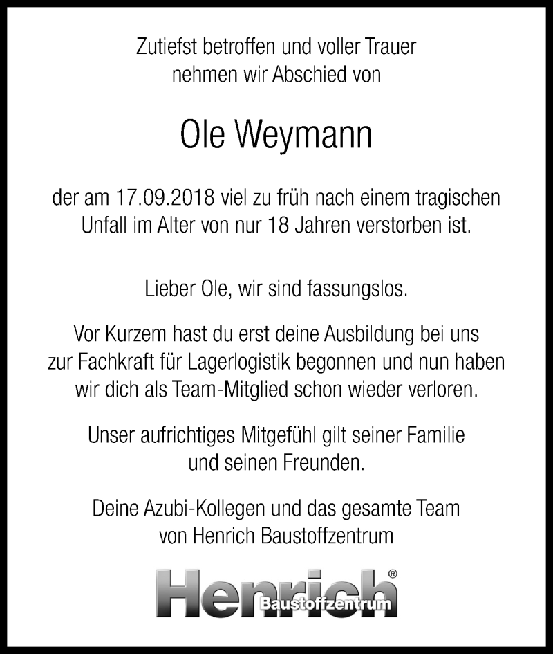  Traueranzeige für Ole Weymann vom 26.09.2018 aus Kölner Stadt-Anzeiger / Kölnische Rundschau / Express