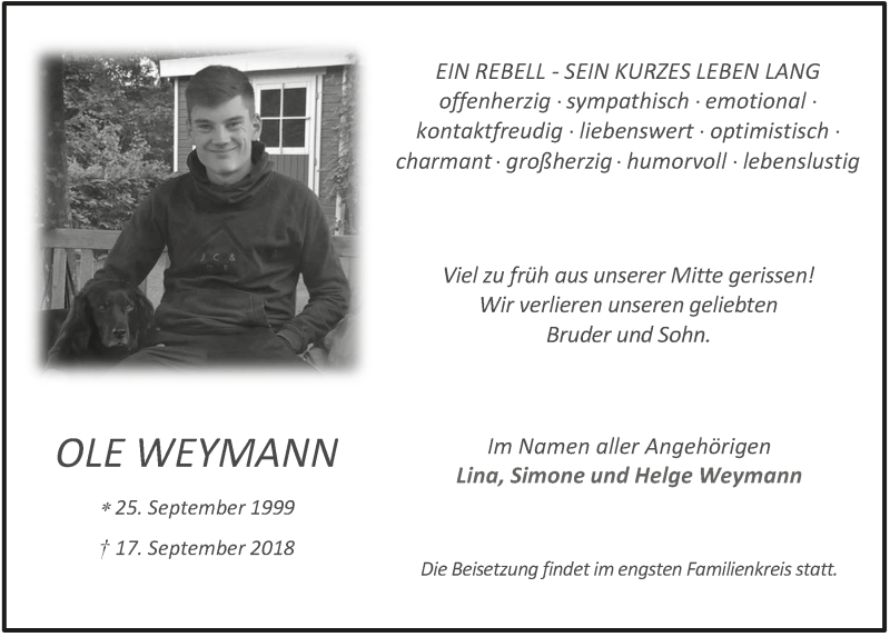  Traueranzeige für Ole Weymann vom 26.09.2018 aus  Extra Blatt 