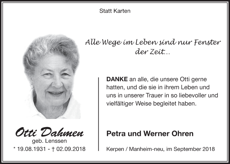  Traueranzeige für Otti Dahmen vom 29.09.2018 aus  Sonntags-Post 