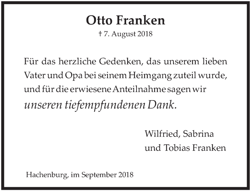  Traueranzeige für Otto Franken vom 15.09.2018 aus  Sonntags-Post 