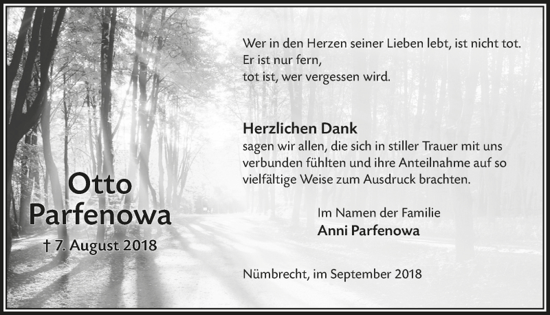  Traueranzeige für Otto Parfenowa vom 26.09.2018 aus  Lokalanzeiger 