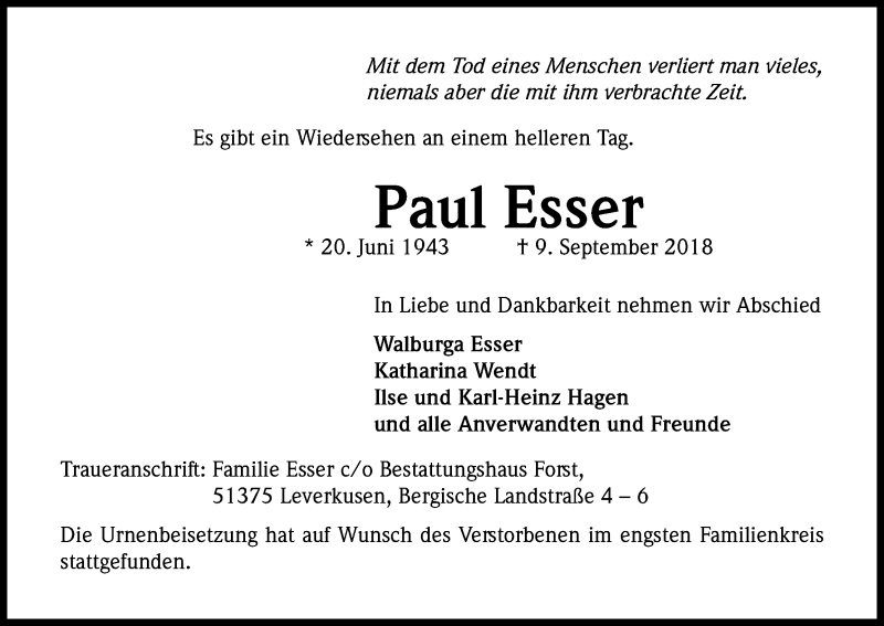  Traueranzeige für Paul Esser vom 26.09.2018 aus Kölner Stadt-Anzeiger / Kölnische Rundschau / Express