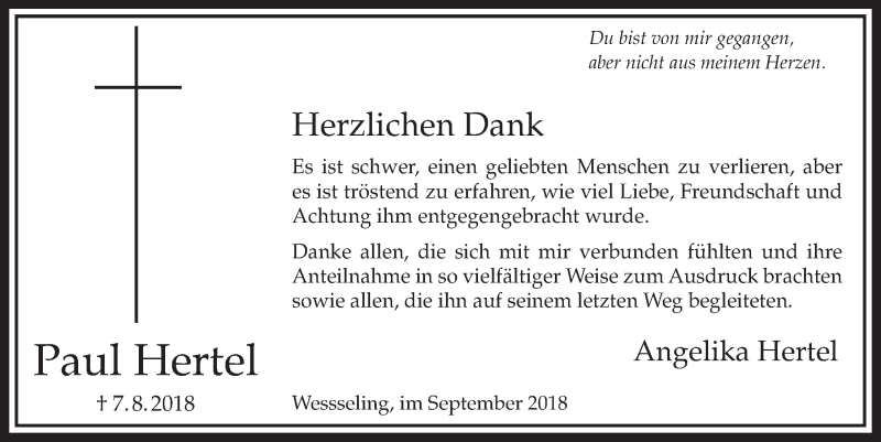  Traueranzeige für Paul Hertel vom 05.09.2018 aus  Schlossbote/Werbekurier 