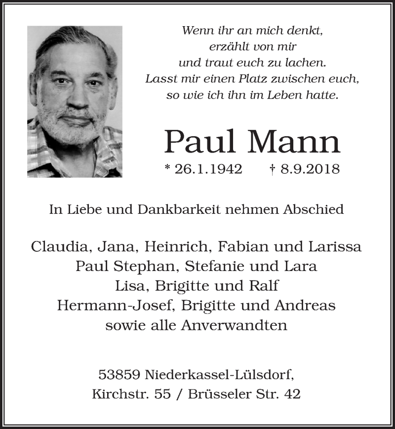  Traueranzeige für Paul Mann vom 19.09.2018 aus  Extra Blatt 