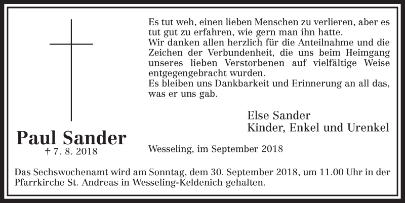  Traueranzeige für Paul Sander vom 19.09.2018 aus  Schlossbote/Werbekurier 