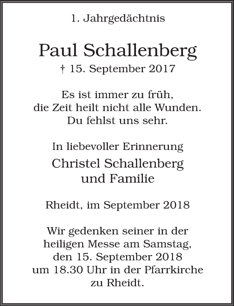  Traueranzeige für Paul Schallenberg vom 12.09.2018 aus  Extra Blatt 