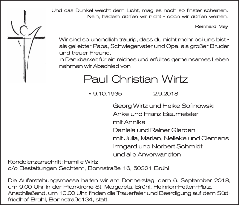  Traueranzeige für Paul Christian Wirtz vom 05.09.2018 aus  Schlossbote/Werbekurier 