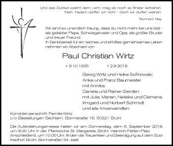 Anzeige von Paul Christian Wirtz von Kölner Stadt-Anzeiger / Kölnische Rundschau / Express