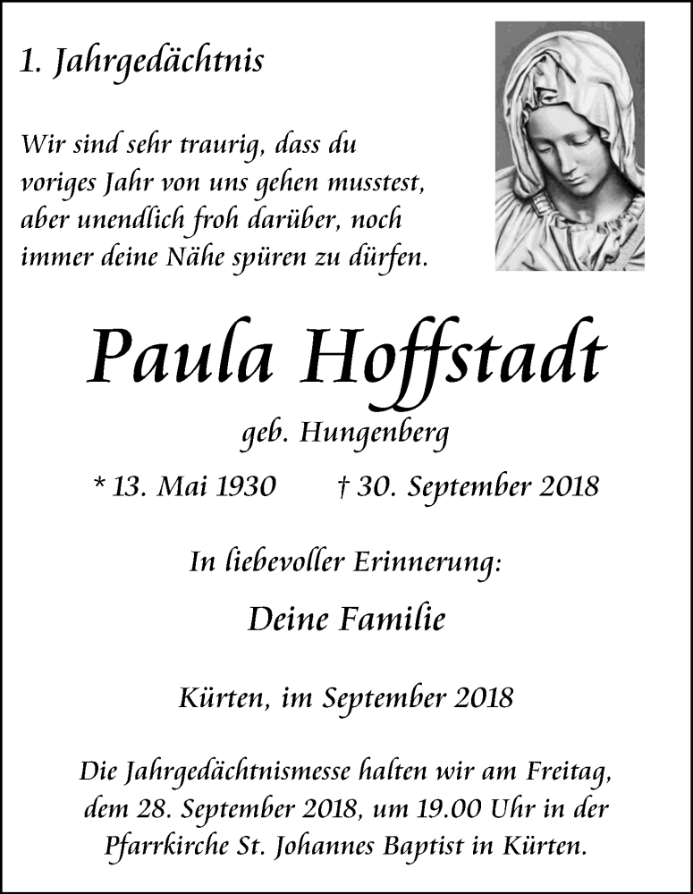  Traueranzeige für Paula Hoffstadt vom 22.09.2018 aus Kölner Stadt-Anzeiger / Kölnische Rundschau / Express