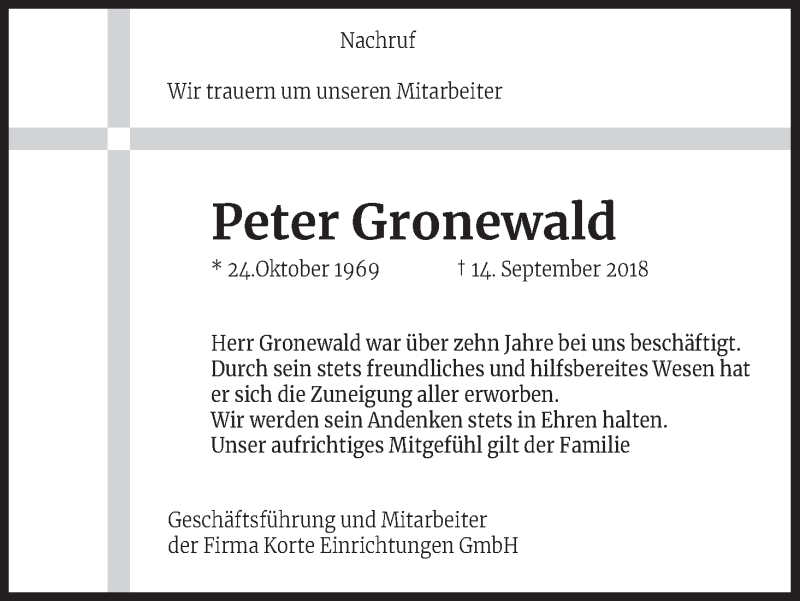  Traueranzeige für Peter Gronewald vom 22.09.2018 aus Kölner Stadt-Anzeiger / Kölnische Rundschau / Express