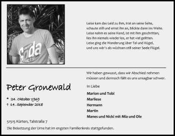 Anzeige von Peter Gronewald von Kölner Stadt-Anzeiger / Kölnische Rundschau / Express