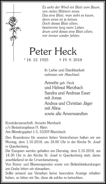 Anzeige von Peter Heck von  Schaufenster/Blickpunkt 