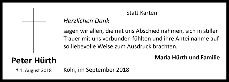  Traueranzeige für Peter Hürth vom 05.09.2018 aus  Kölner Wochenspiegel 