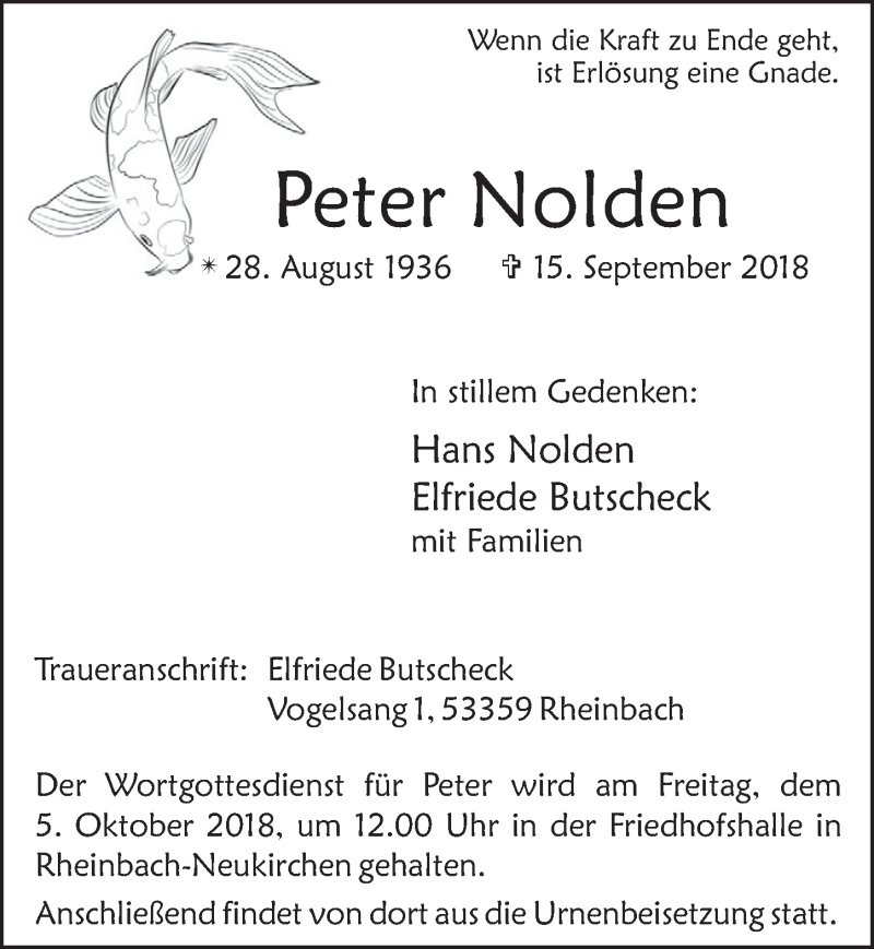 Traueranzeige für Peter Nolden vom 26.09.2018 aus  Schaufenster/Blickpunkt 