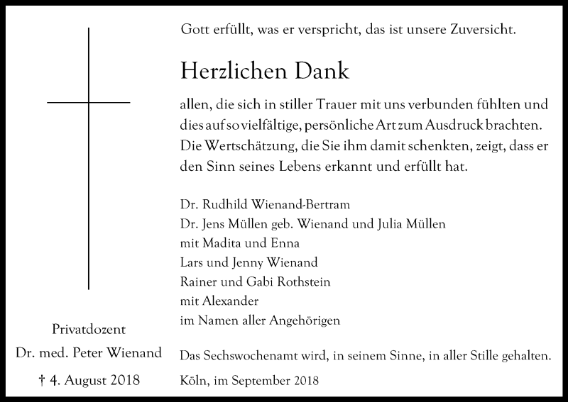  Traueranzeige für Peter Wienand vom 08.09.2018 aus Kölner Stadt-Anzeiger / Kölnische Rundschau / Express