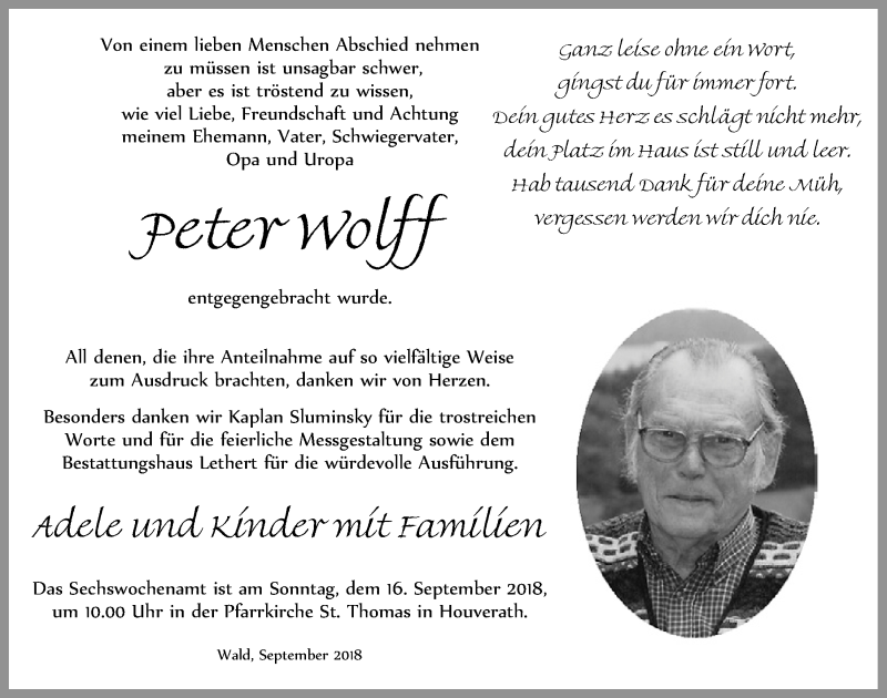 Traueranzeige für Peter Wolff vom 08.09.2018 aus  Blickpunkt Euskirchen 