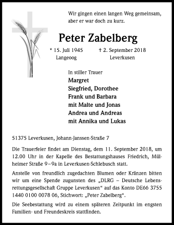 Anzeige von Peter Zabelberg von Kölner Stadt-Anzeiger / Kölnische Rundschau / Express