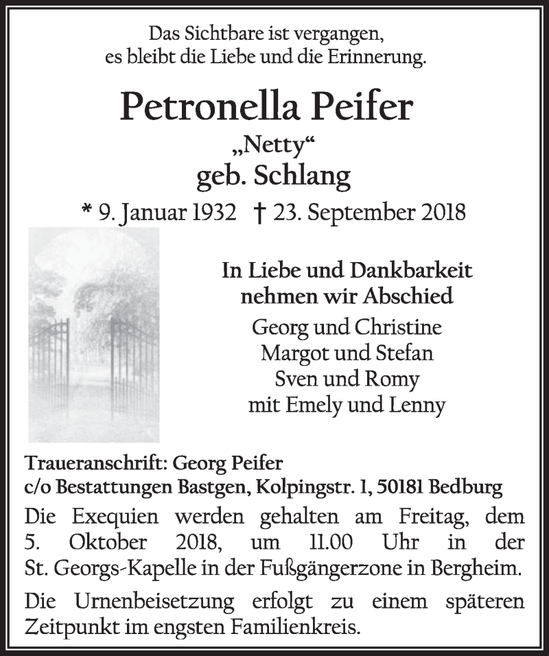  Traueranzeige für Petronella Peifer vom 29.09.2018 aus  Sonntags-Post 