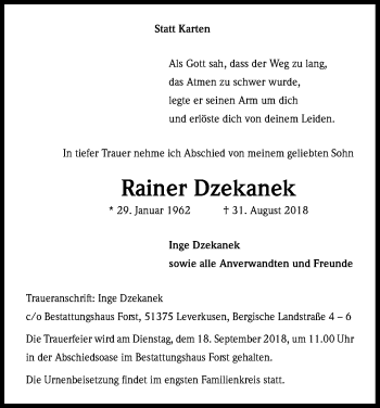 Anzeige von Rainer Dzekanek von Kölner Stadt-Anzeiger / Kölnische Rundschau / Express