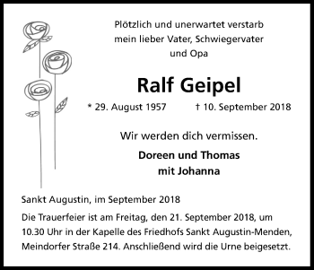 Anzeige von Ralf Geipel von Kölner Stadt-Anzeiger / Kölnische Rundschau / Express