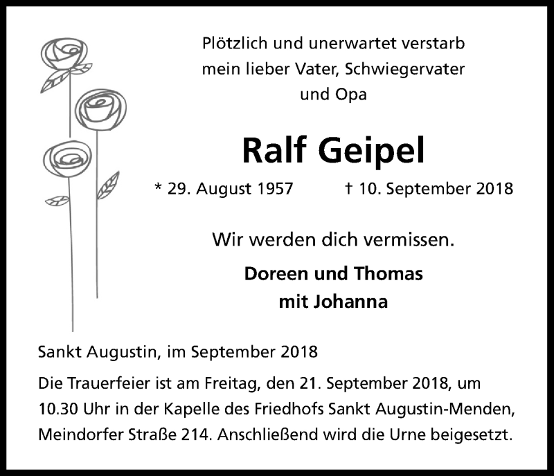  Traueranzeige für Ralf Geipel vom 15.09.2018 aus Kölner Stadt-Anzeiger / Kölnische Rundschau / Express