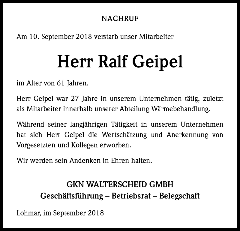  Traueranzeige für Ralf Geipel vom 15.09.2018 aus Kölner Stadt-Anzeiger / Kölnische Rundschau / Express