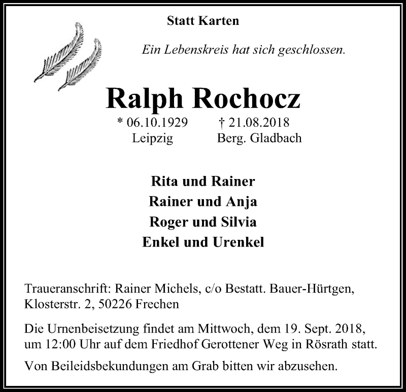  Traueranzeige für Ralph Rochocz vom 15.09.2018 aus Kölner Stadt-Anzeiger / Kölnische Rundschau / Express