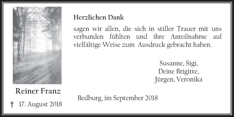  Traueranzeige für Reiner Franz vom 05.09.2018 aus  Werbepost 