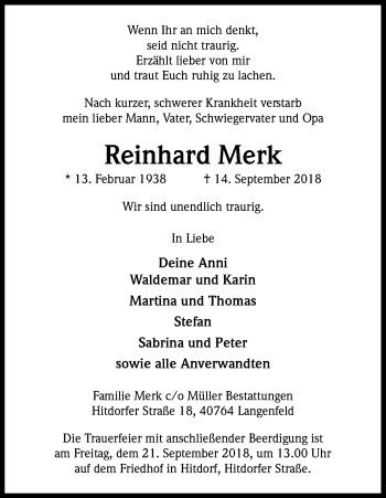 Anzeige von Reinhard Merk von Kölner Stadt-Anzeiger / Kölnische Rundschau / Express