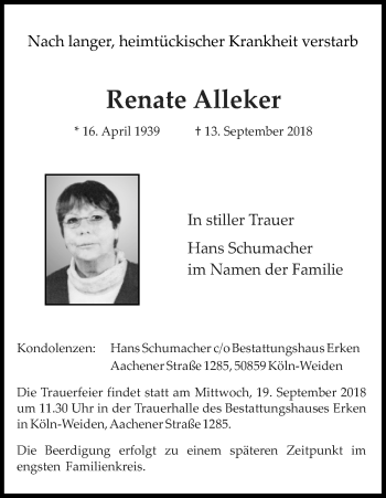 Anzeige von Renate Alleker von Kölner Stadt-Anzeiger / Kölnische Rundschau / Express