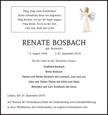 Anzeige von Renate Bosbach von Kölner Stadt-Anzeiger / Kölnische Rundschau / Express